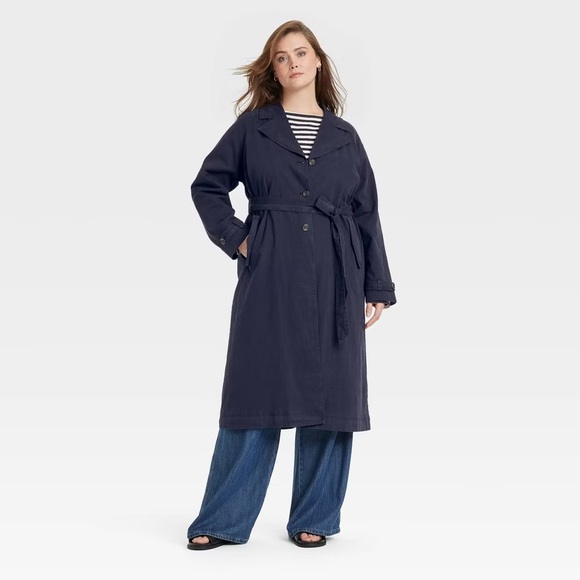 NWOT Universal Thread Cotton Dark Blue Long Sleeve Trench Coat - Picture 1 of 13